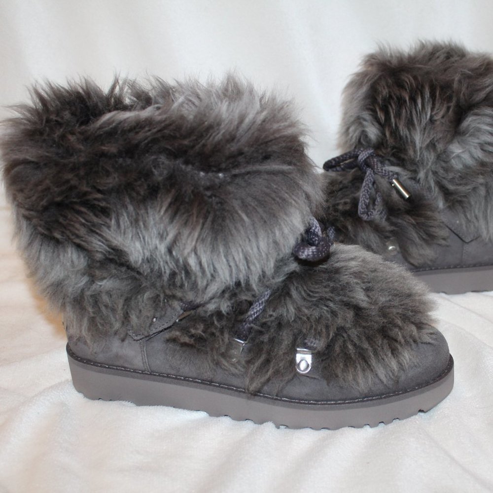 NEW UGG WOMEN'S CLASSIC SHORT POSH FUR SUEDE THUNDER CLOUD GRAY‎ BOOTS